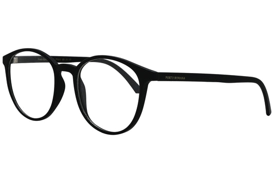 porto romano round black eyeglasses frame viewed from a 45-degree angle.