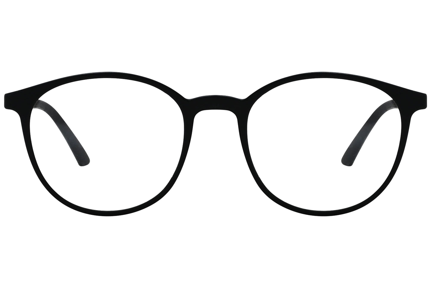 porto romano round black eyeglasses frame viewed from front angle.