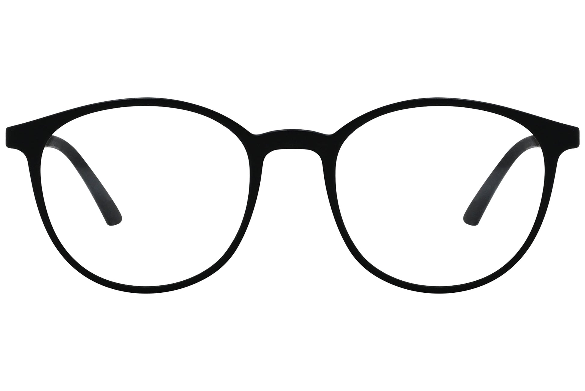 porto romano round black eyeglasses frame viewed from front angle.