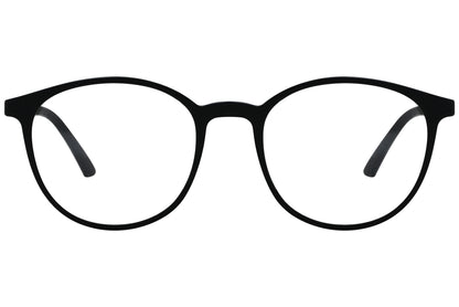 porto romano round black eyeglasses frame viewed from front angle.