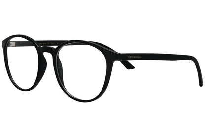 porto romano round black eyeglasses frame viewed from a 45-degree angle.