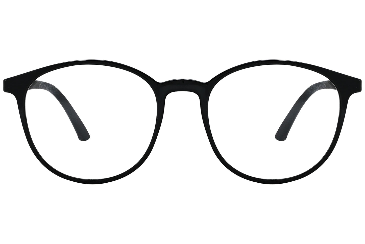 porto romano round black eyeglasses frame viewed from front angle.