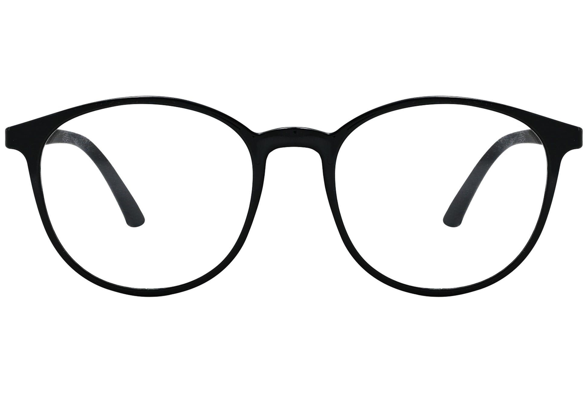 porto romano round black eyeglasses frame viewed from front angle.