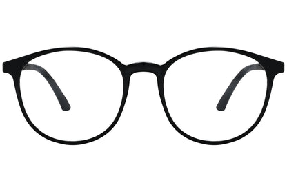 porto romano round black eyeglasses frame viewed from front angle.