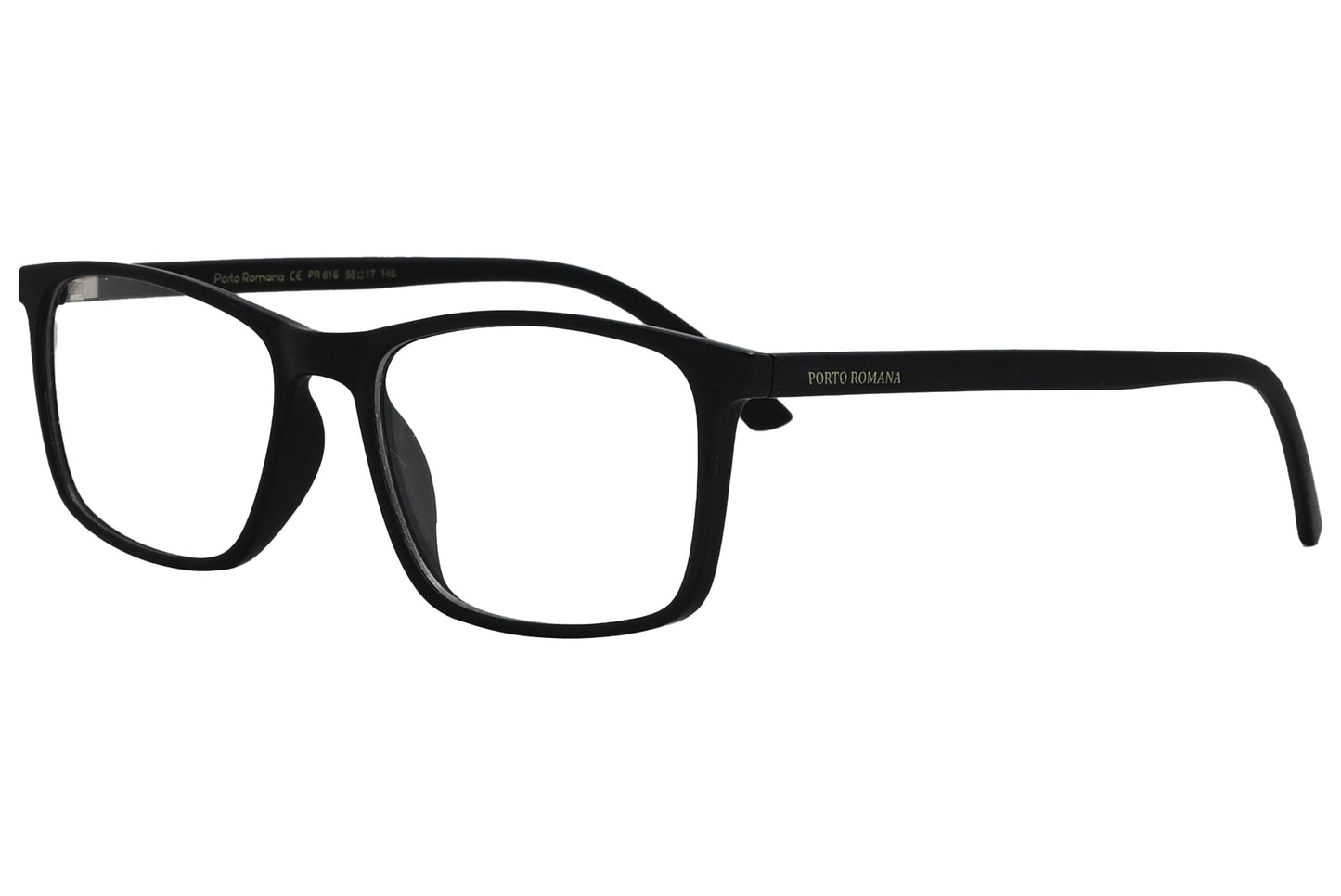 porto romano rectangle black eyeglasses frame viewed from a 45-degree angle.