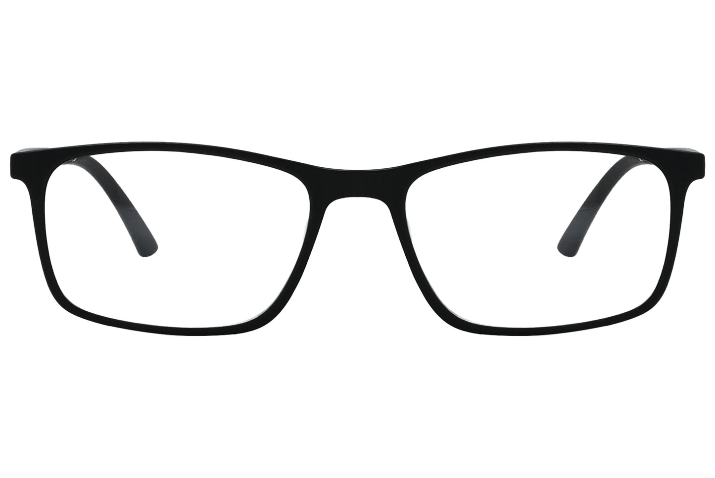 porto romano rectangle black eyeglasses frame viewed from front angle.