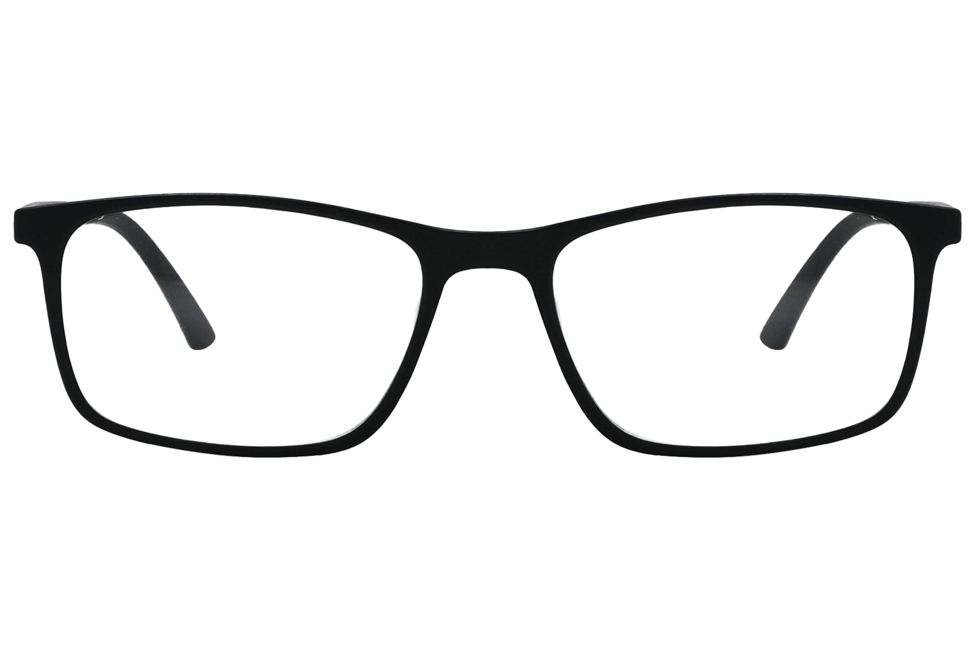 porto romano rectangle black eyeglasses frame viewed from front angle.