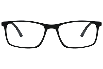 porto romano rectangle black eyeglasses frame viewed from front angle.