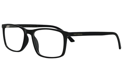 porto romano rectangle black eyeglasses frame viewed from a 45-degree angle.