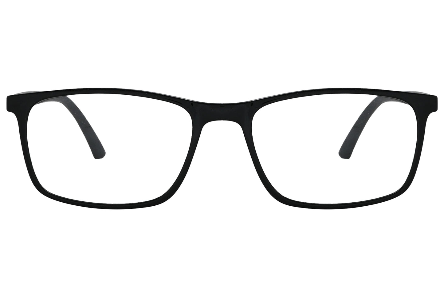 porto romano rectangle black eyeglasses frame viewed from front angle.