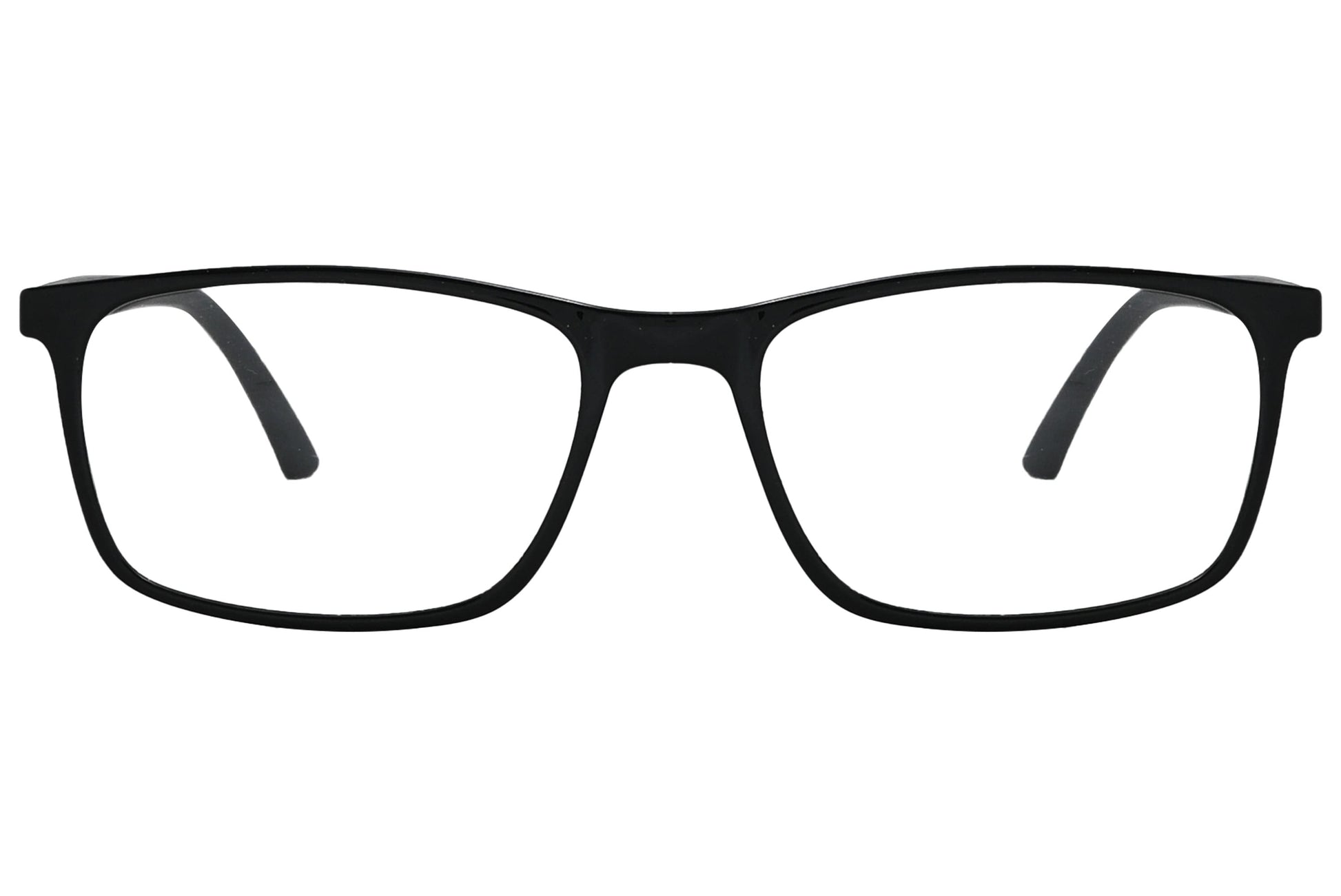 porto romano rectangle black eyeglasses frame viewed from front angle.