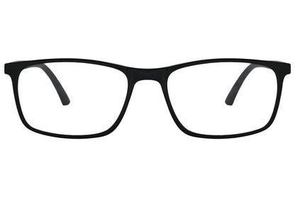 porto romano rectangle black eyeglasses frame viewed from front angle.