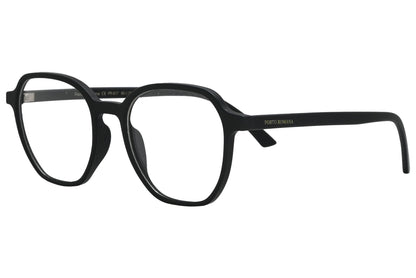 porto romano hexagonal black eyeglasses frame viewed from a 45-degree angle.