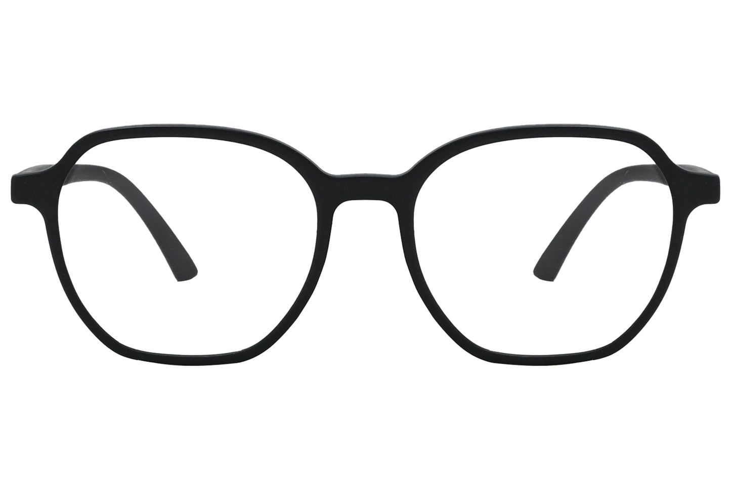 porto romano hexagonal black eyeglasses frame viewed from front angle.