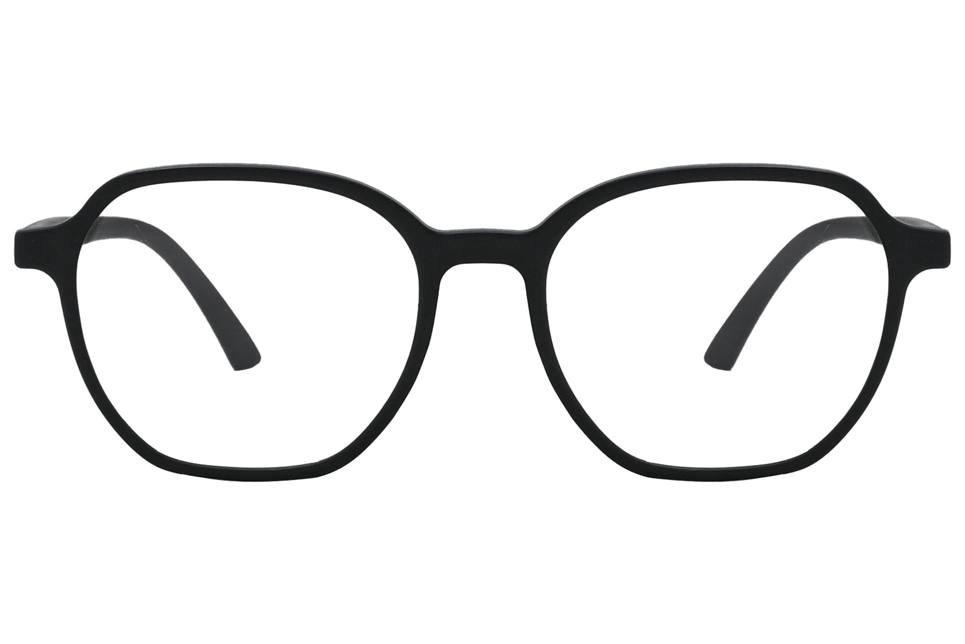 porto romano hexagonal black eyeglasses frame viewed from front angle.