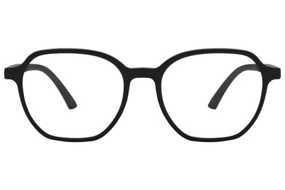 porto romano hexagonal black eyeglasses frame viewed from front angle.