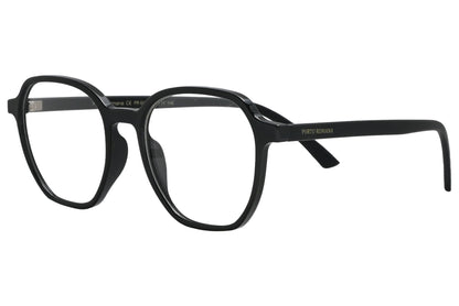 porto romano hexagonal black eyeglasses frame viewed from a 45-degree angle.