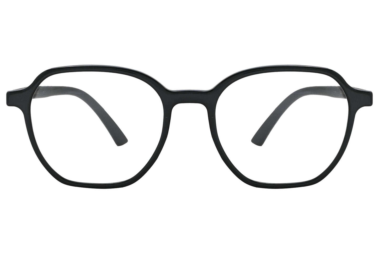 porto romano hexagonal black eyeglasses frame viewed from front angle.