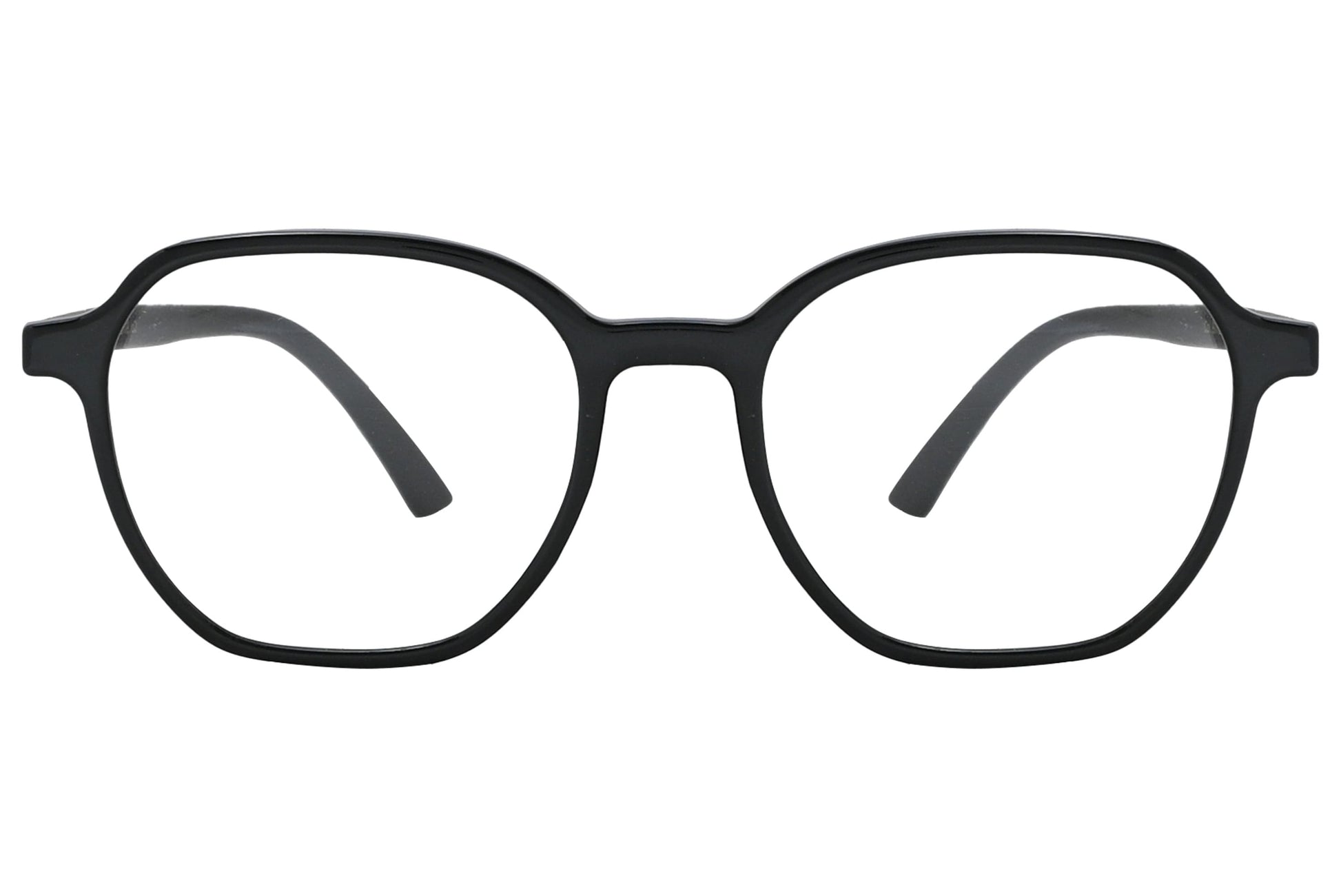 porto romano hexagonal black eyeglasses frame viewed from front angle.