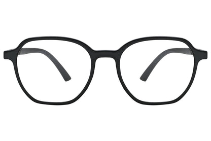 porto romano hexagonal black eyeglasses frame viewed from front angle.