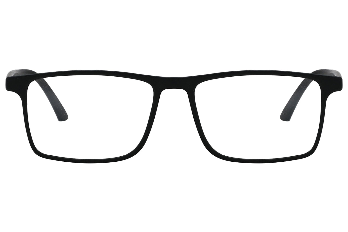 porto romano rectangle black eyeglasses frame viewed from front angle.