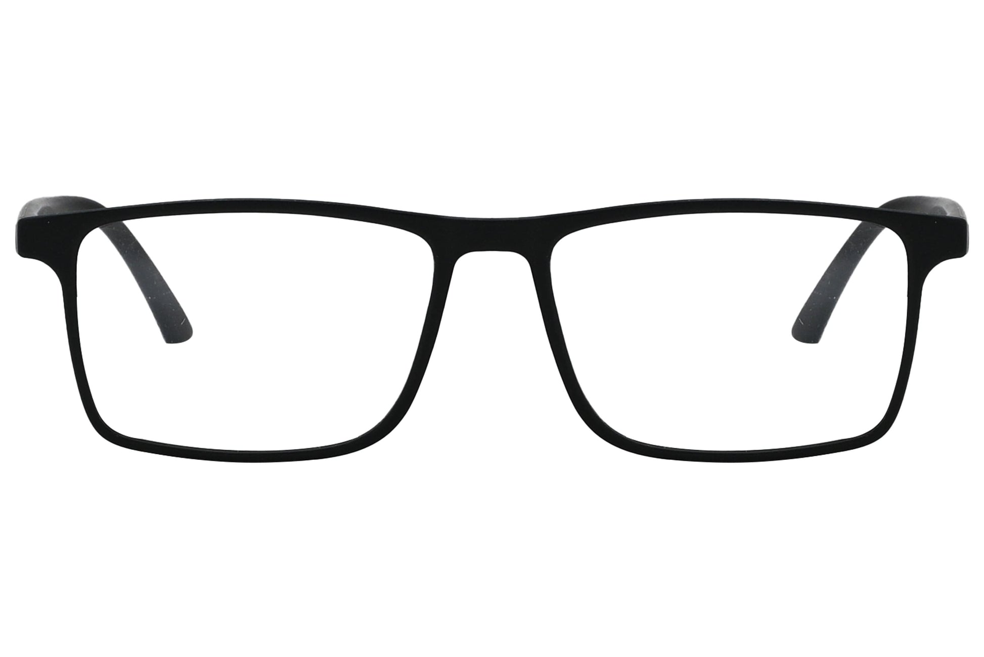 porto romano rectangle black eyeglasses frame viewed from front angle.