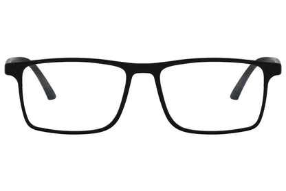 porto romano rectangle black eyeglasses frame viewed from front angle.