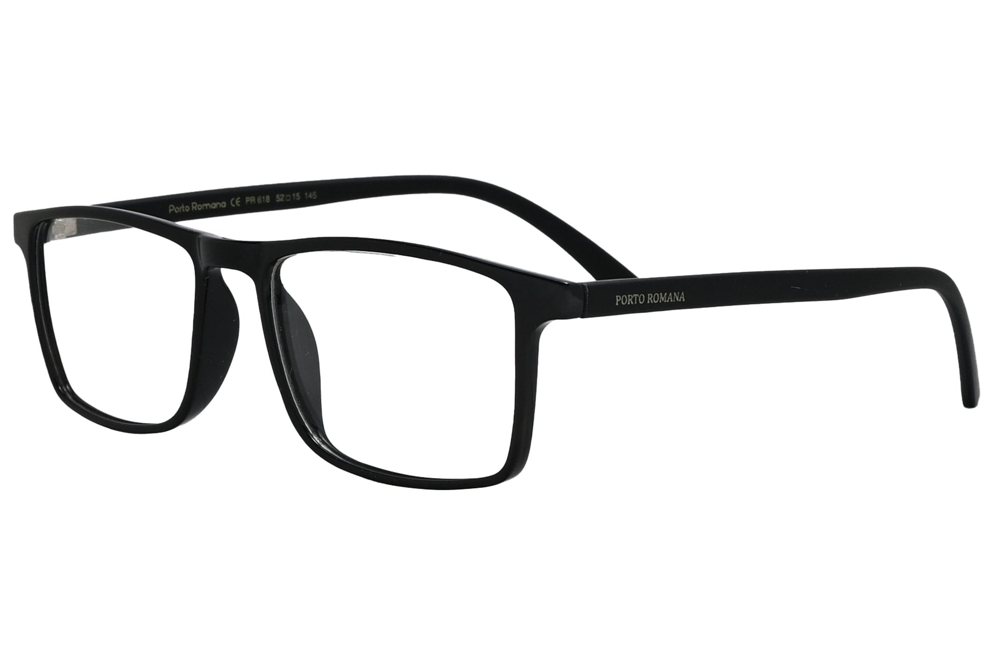 porto romano rectangle black eyeglasses frame viewed from a 45-degree angle.