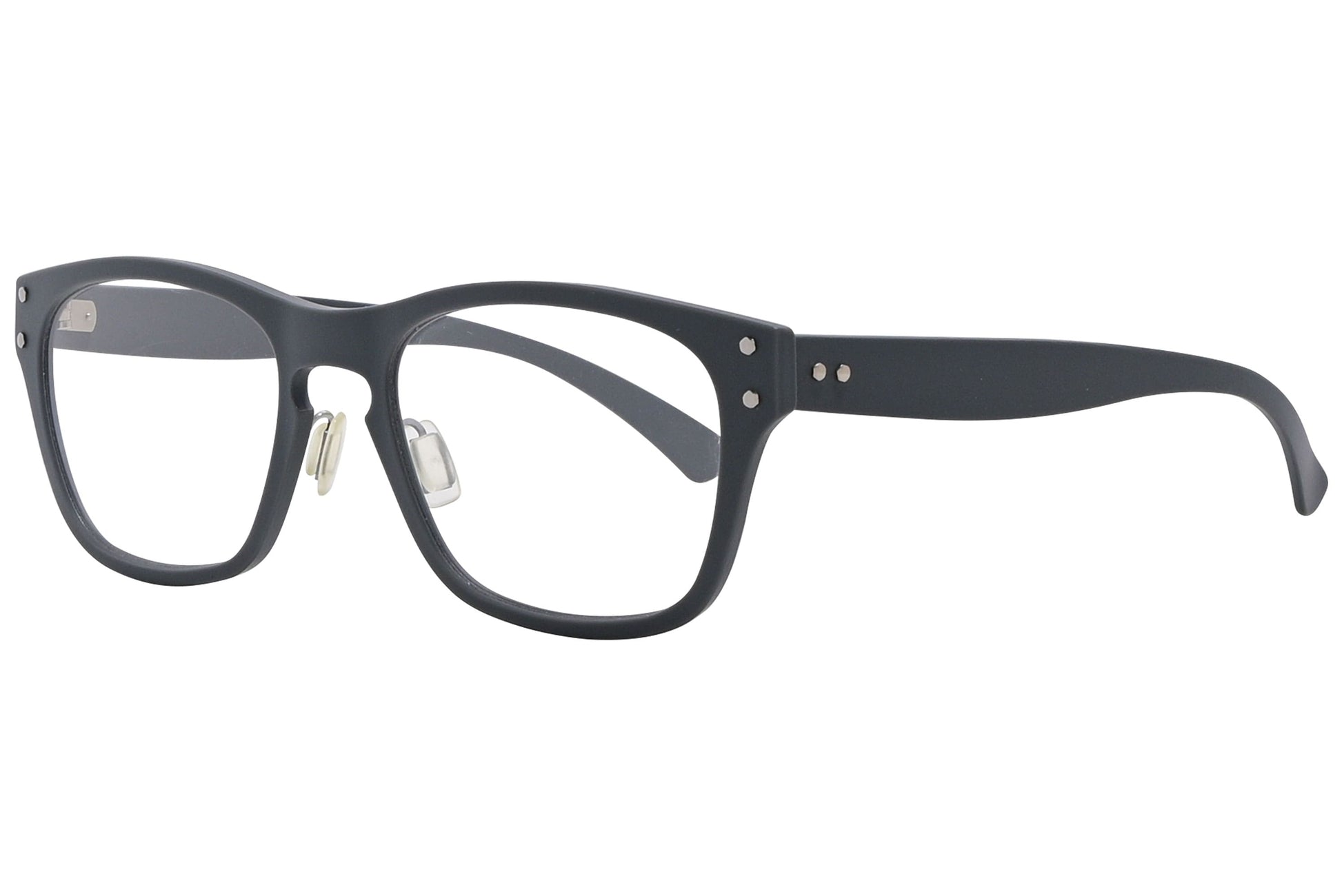 power vision wayfarer gray eyeglasses frame viewed from a 45-degree angle.