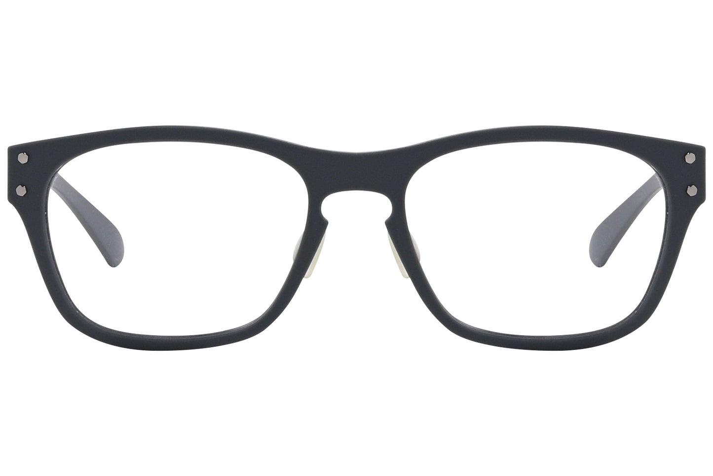 power vision wayfarer gray eyeglasses frame viewed from front angle.