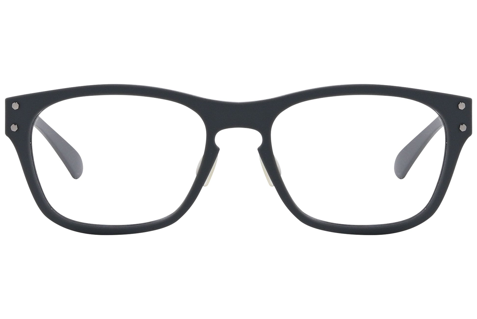 power vision wayfarer gray eyeglasses frame viewed from front angle.