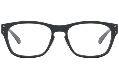 power vision wayfarer gray eyeglasses frame viewed from front angle.