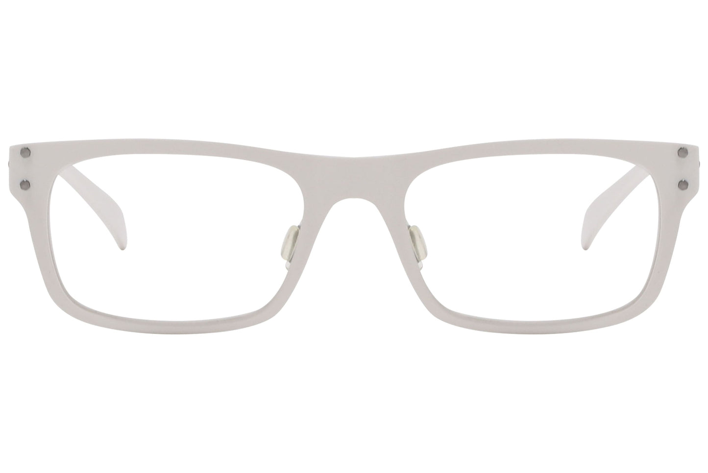 power vision wayfarer white eyeglasses frame viewed from front angle.