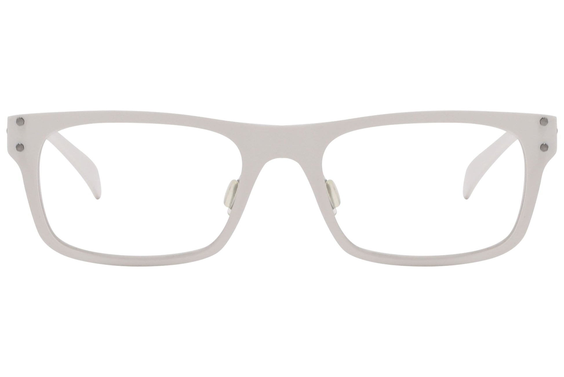 power vision wayfarer white eyeglasses frame viewed from front angle.