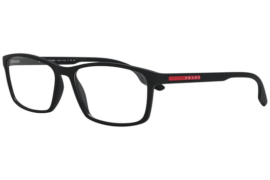 prada rectangle black eyeglasses frame viewed from a 45-degree angle.