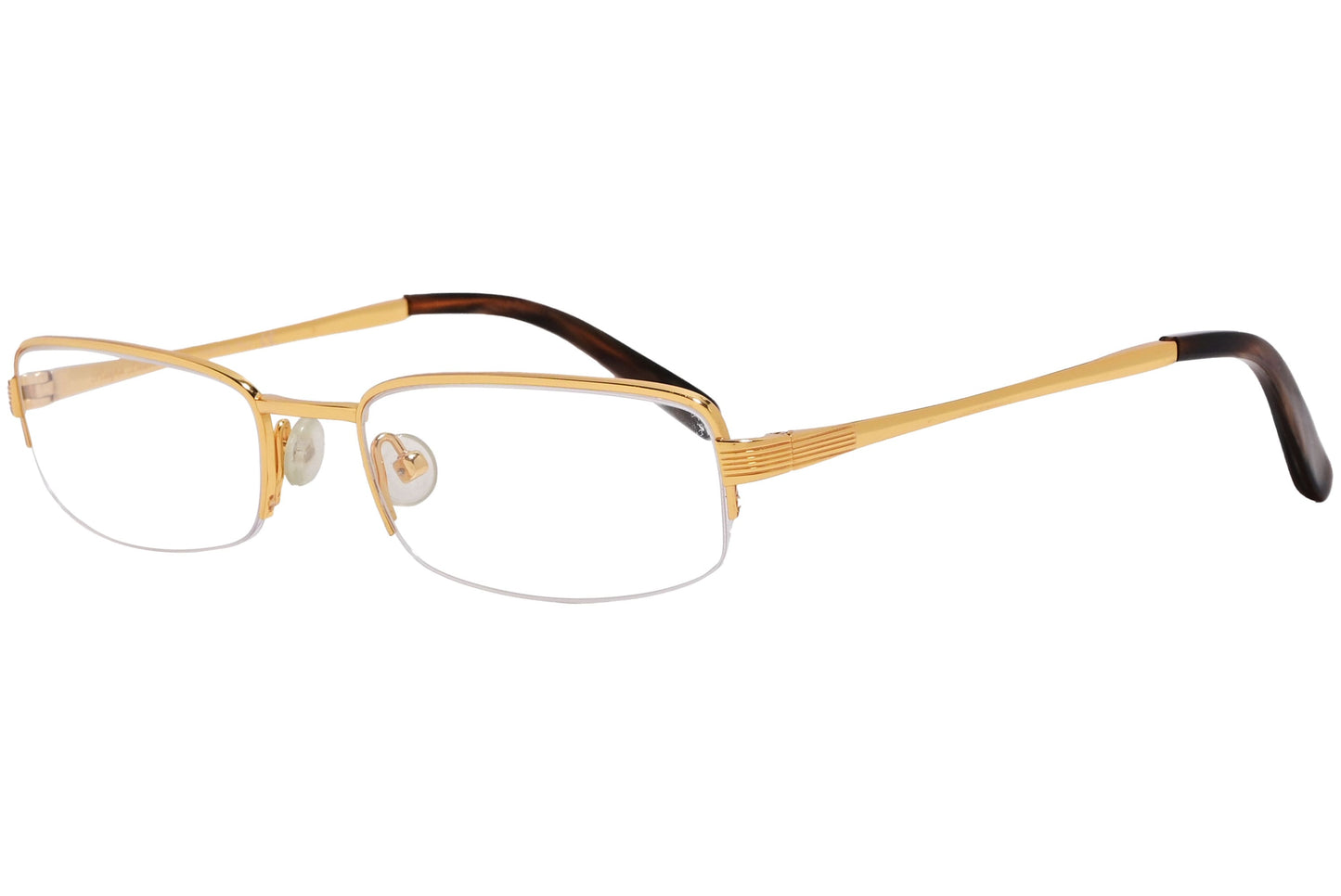 ralph lauren rectangle gold eyeglasses frame viewed from a 45-degree angle.