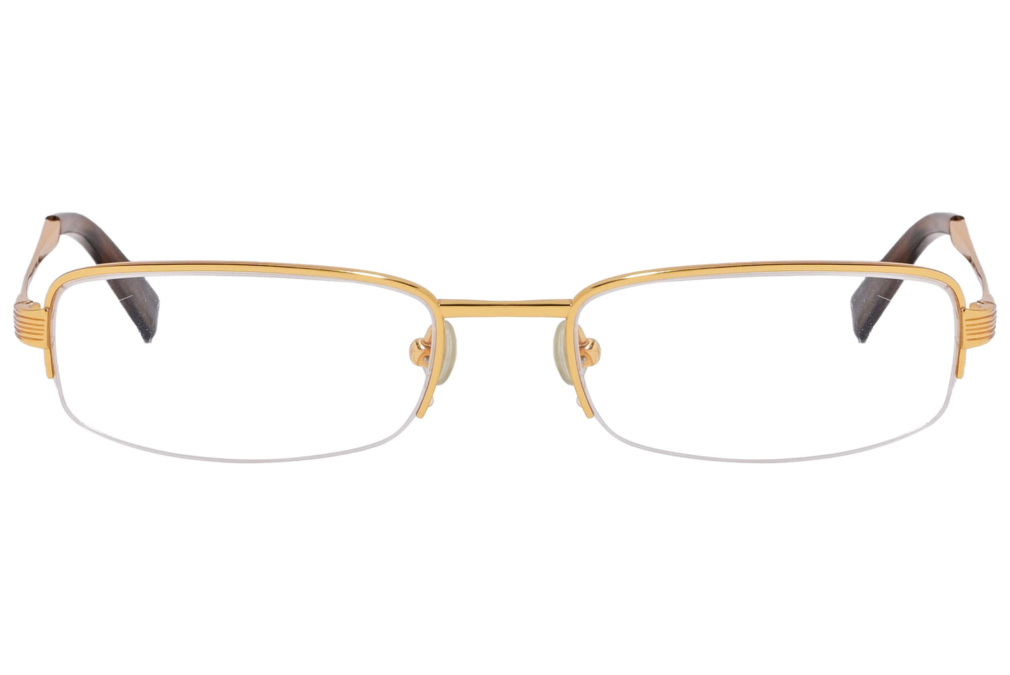 ralph lauren rectangle gold eyeglasses frame viewed from front angle.