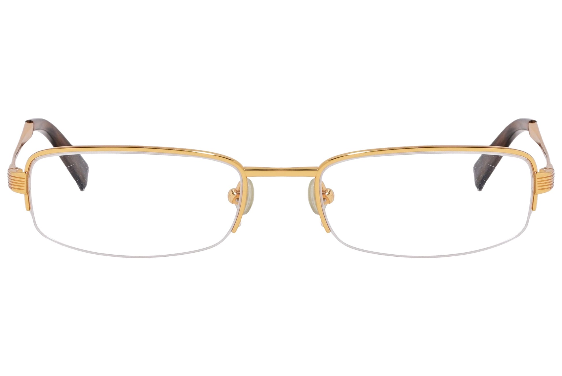 ralph lauren rectangle gold eyeglasses frame viewed from front angle.