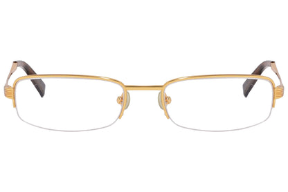 ralph lauren rectangle gold eyeglasses frame viewed from front angle.