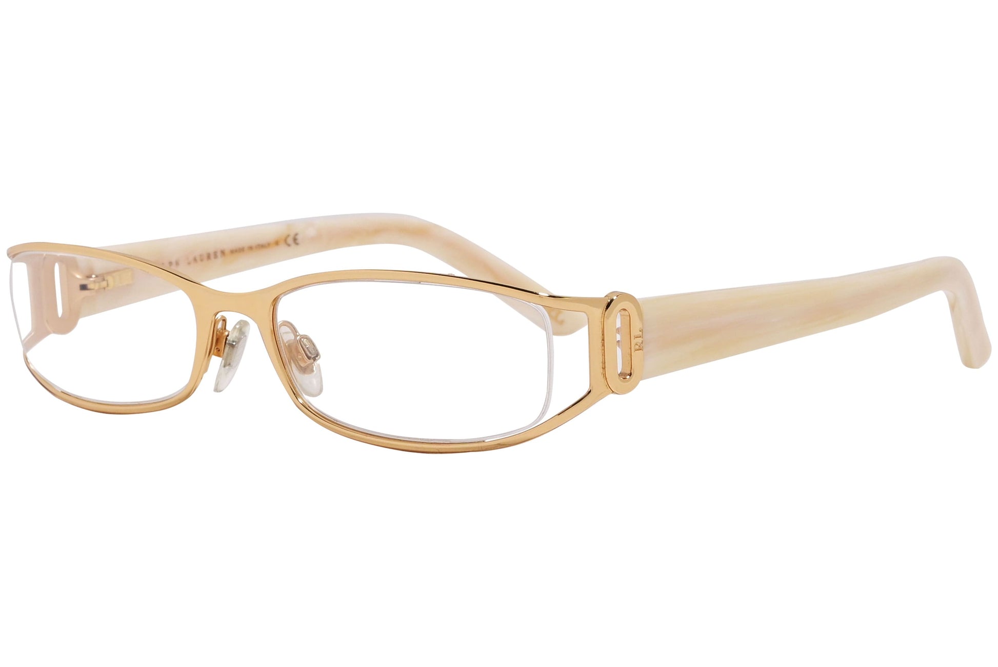 ralph lauren rectangle gold eyeglasses frame viewed from a 45-degree angle.