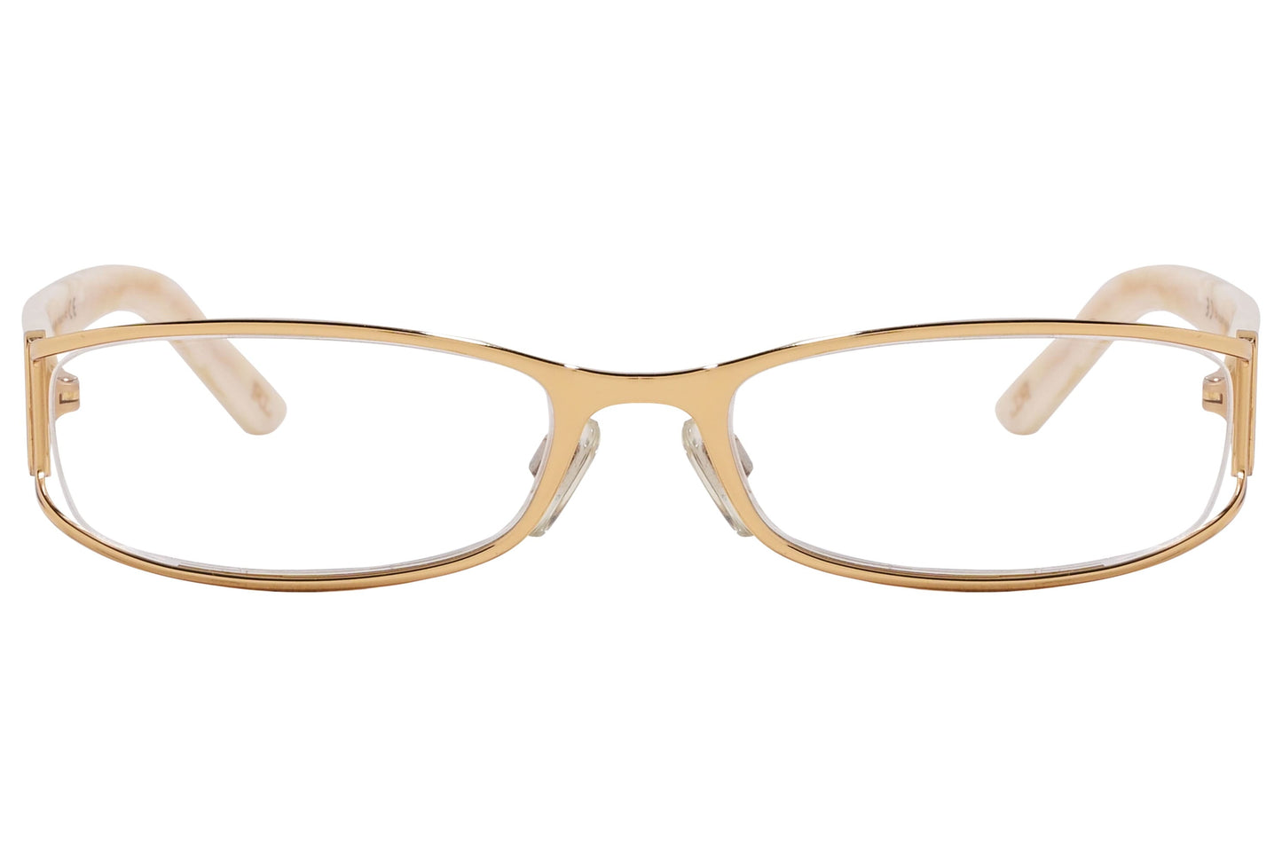 ralph lauren rectangle gold eyeglasses frame viewed from front angle.