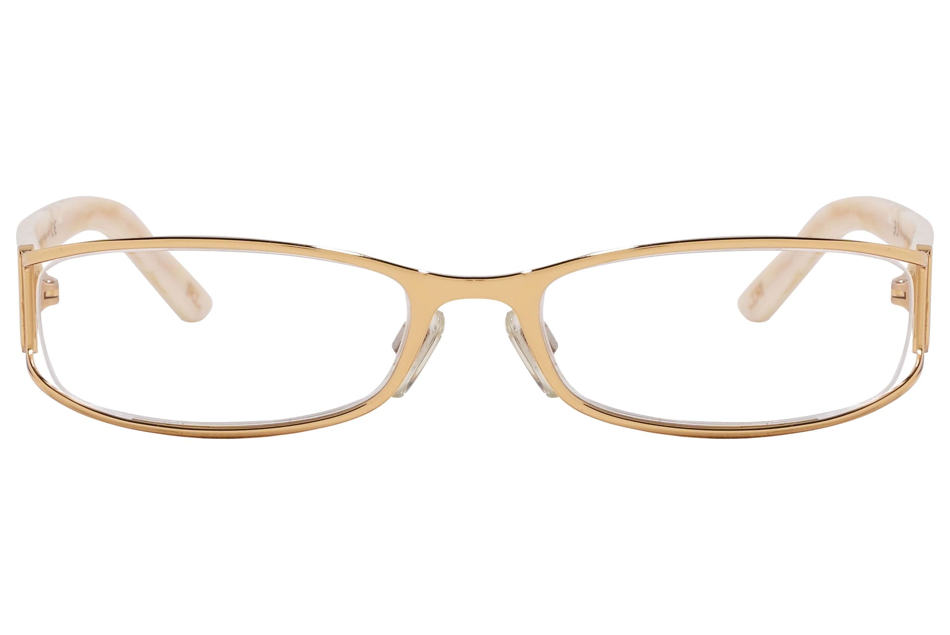 ralph lauren rectangle gold eyeglasses frame viewed from front angle.