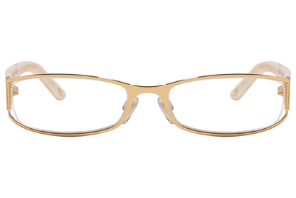 ralph lauren rectangle gold eyeglasses frame viewed from front angle.