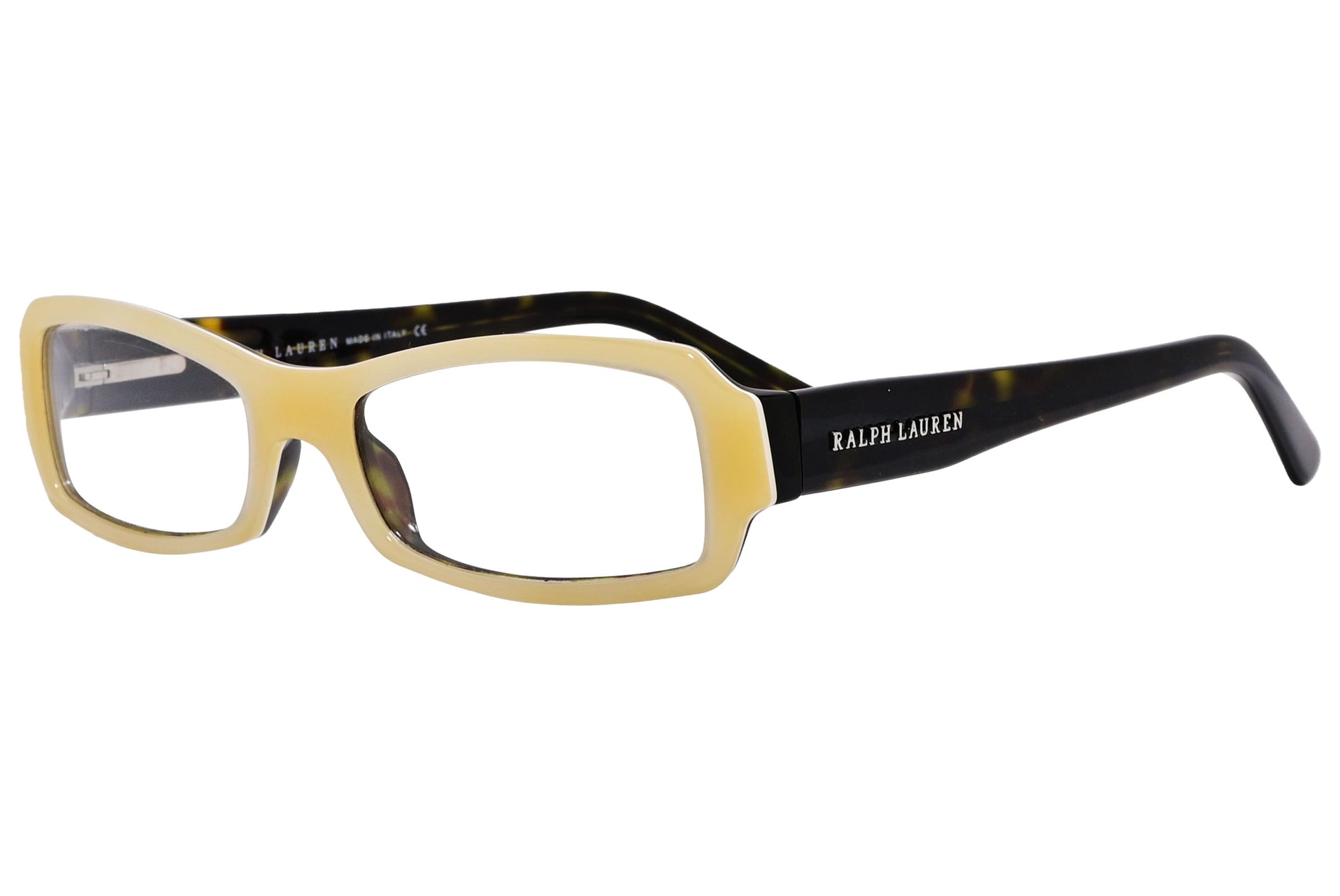 ralph lauren rectangle yellow with tortoise eyeglasses frame viewed from a 45-degree angle.