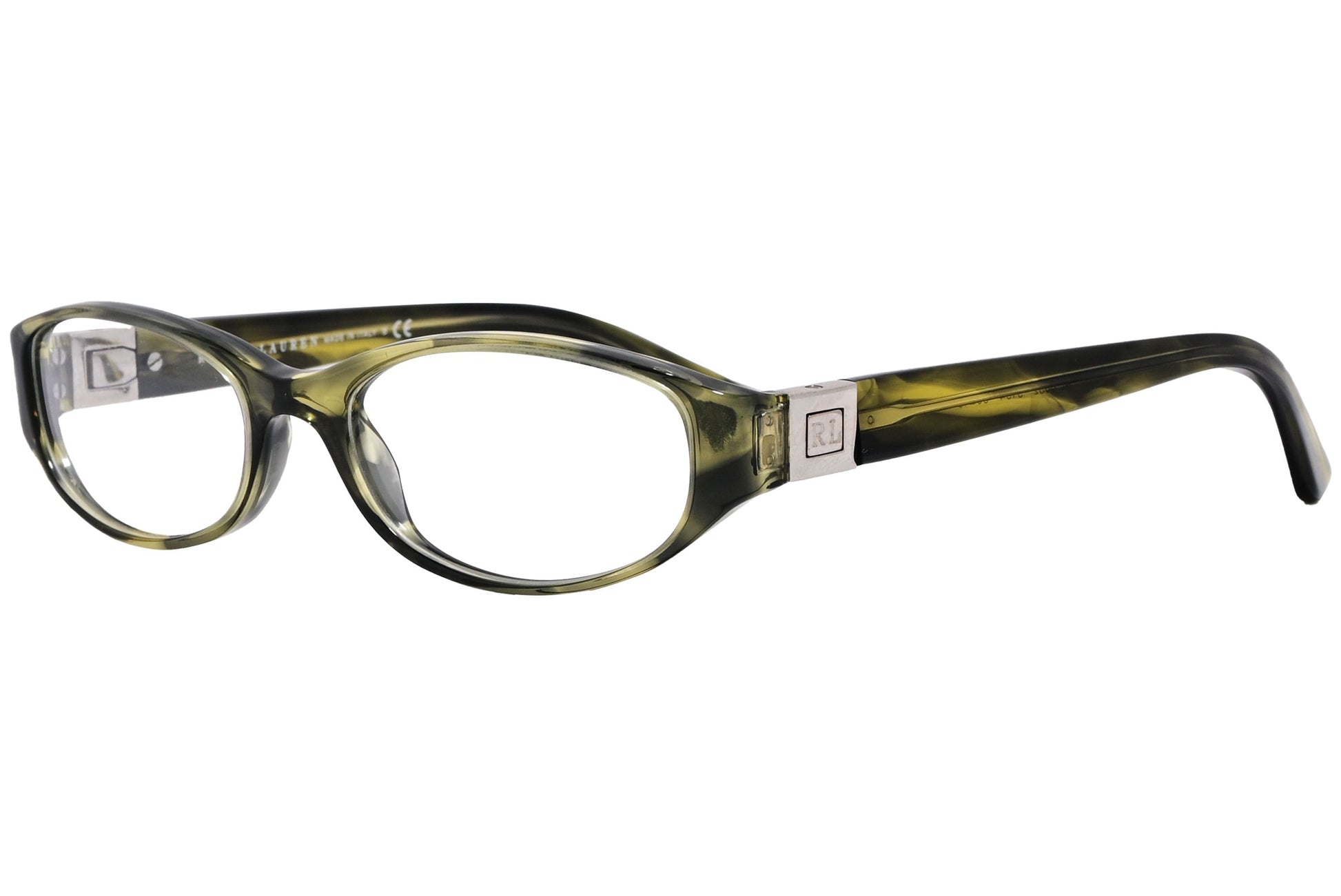 ralph lauren oval yellow and black eyeglasses frame viewed from a 45-degree angle.