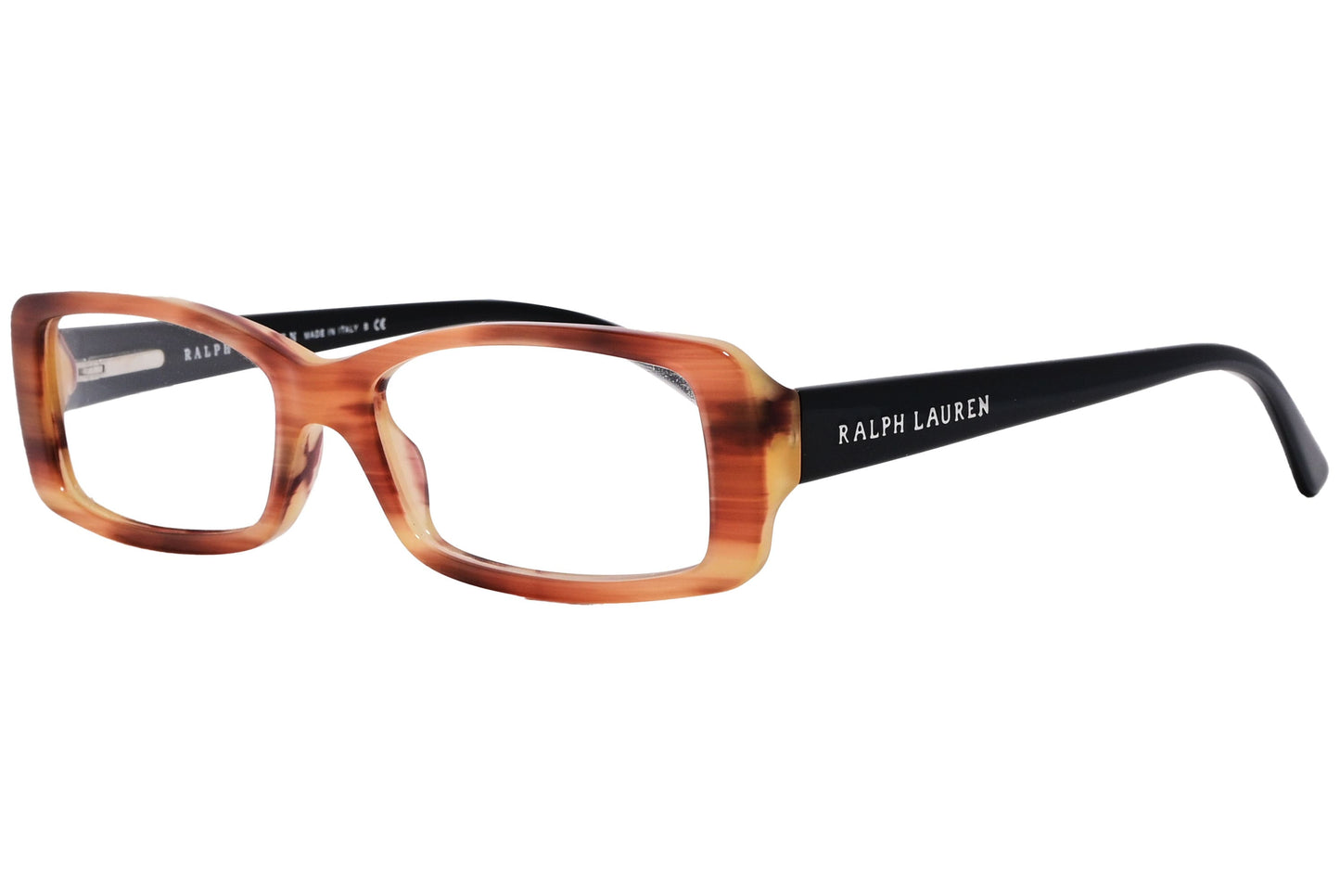 ralph lauren rectangle tortoise and black eyeglasses frame viewed from a 45-degree angle.