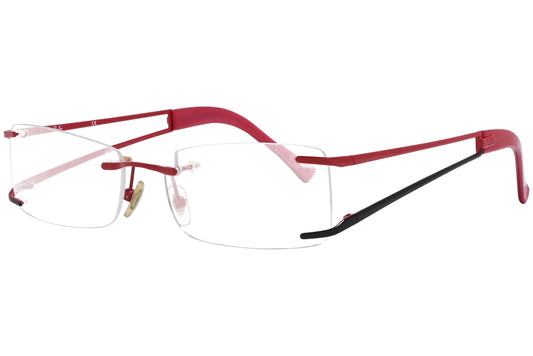 rayban rimless red eyeglasses frame viewed from a 45-degree angle.