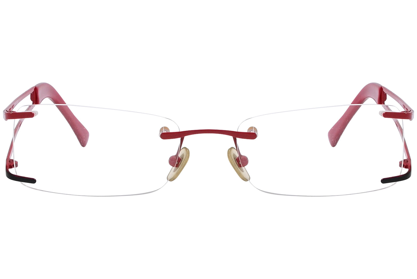 rayban rimless red eyeglasses frame viewed from front angle.