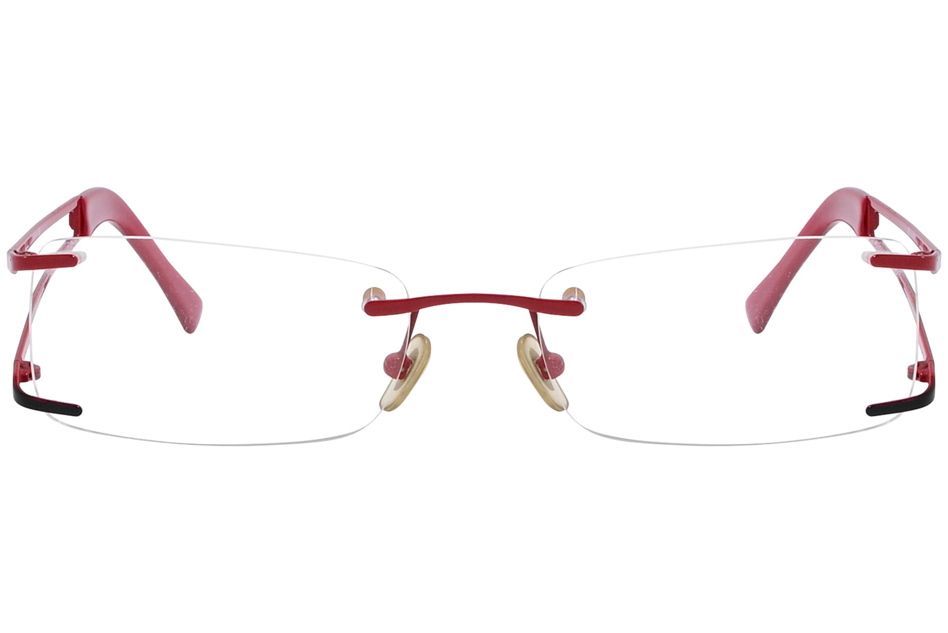 rayban rimless red eyeglasses frame viewed from front angle.