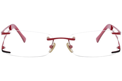 rayban rimless red eyeglasses frame viewed from front angle.